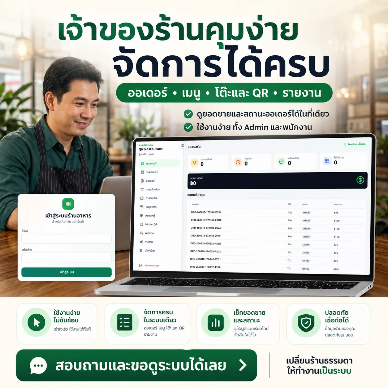 เจ้าของร้านจัดการออเดอร์ เมนู โต๊ะ QR และรายงานในระบบเดียว